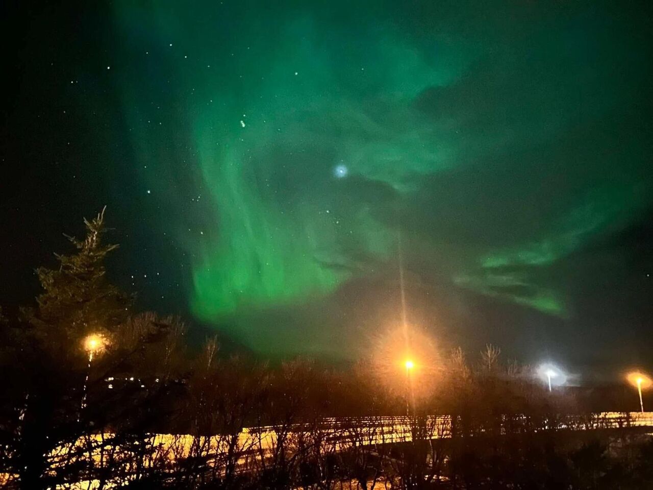 The northern lights over Hella, photographed from the Riverbank building